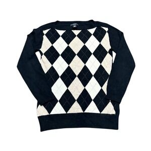 Banana Republic Sweater Womens M Cashmere Black Argyle Boatneck Academia Preppy